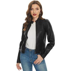 Fahsyee Faux Leather jet black Jackets for Women Outwear Coat